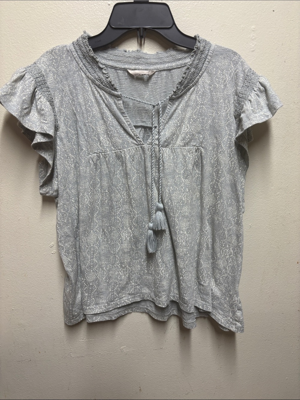 Lucky Brand green Flutter Sleeve Boho Peasant Top L cotton